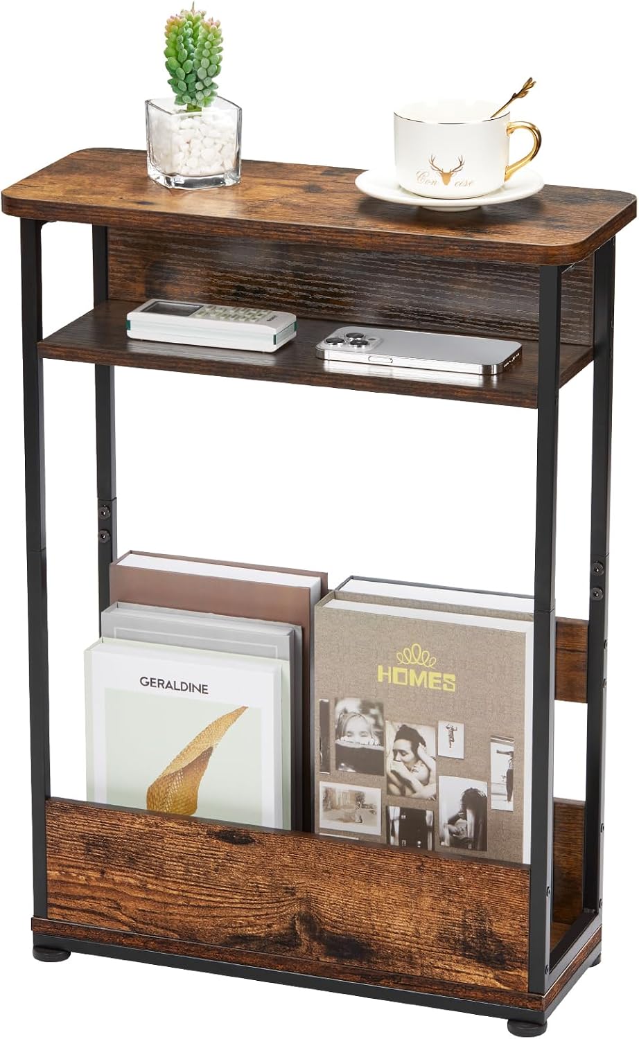 Narrow 2-Tier Side Table with Storage Shelf – Rustic Brown
